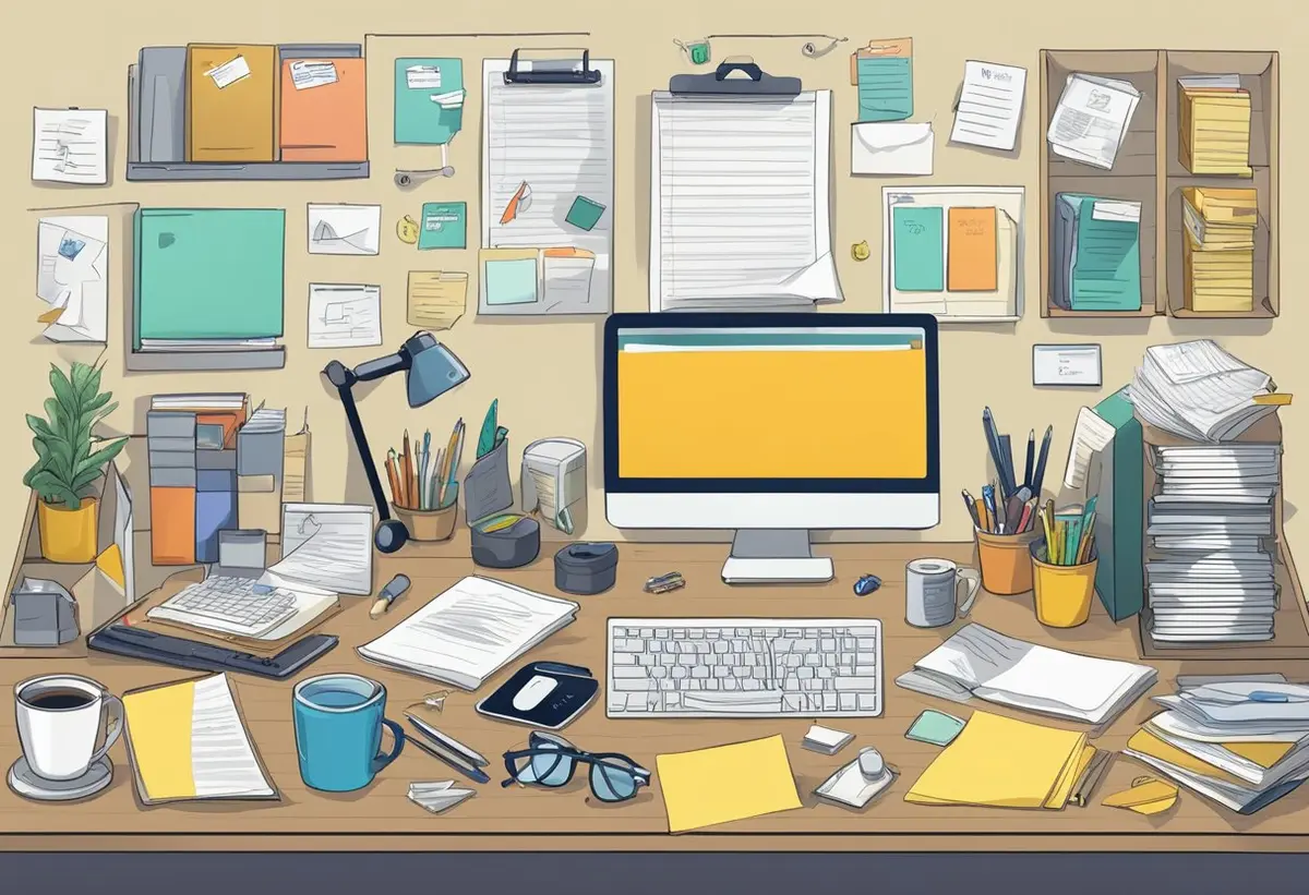 A cluttered office desk with various items sorted into labeled categories