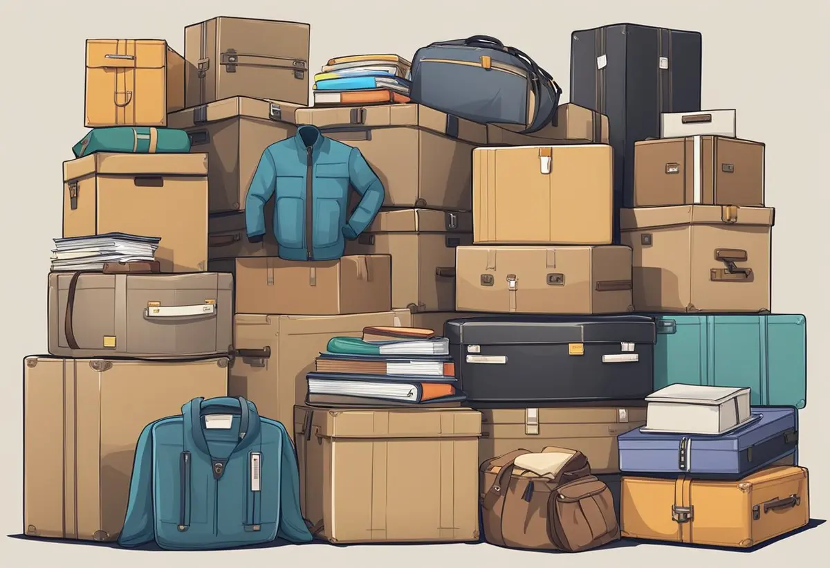 A pile of boxes, suitcases, and bags filled with personal items such as clothing, books, and toiletries. Labels and tags indicate the contents
