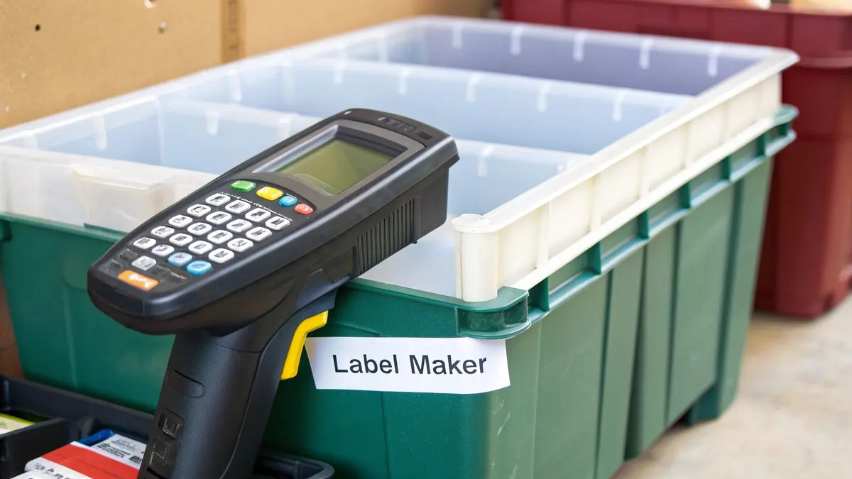 Organized storage bins with labels