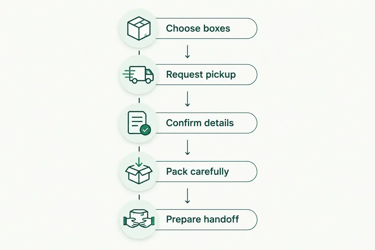 Pickup preparation sequence from choosing boxes to preparing the handoff