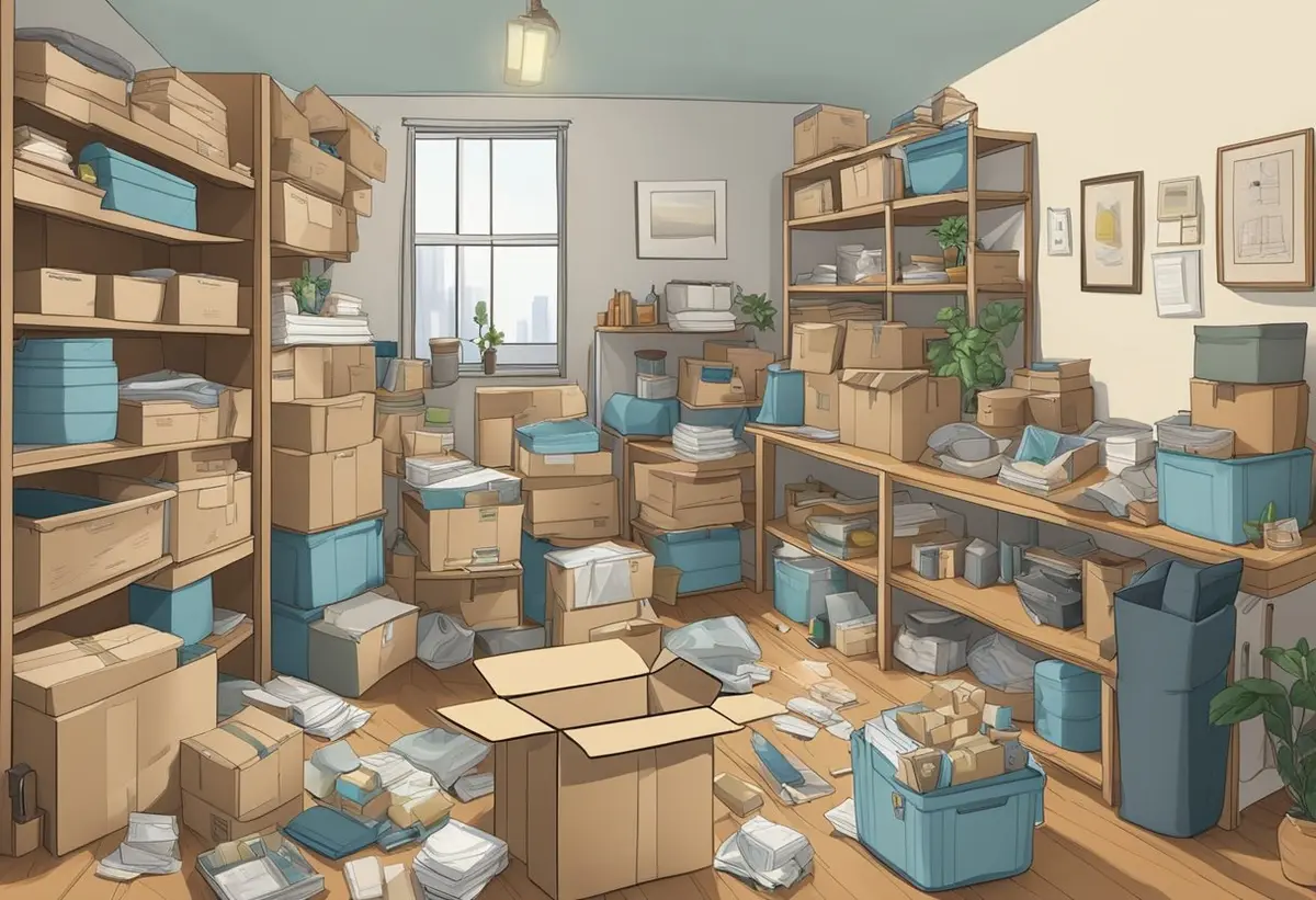 A cluttered room with scattered items being neatly packed into labeled boxes for storage