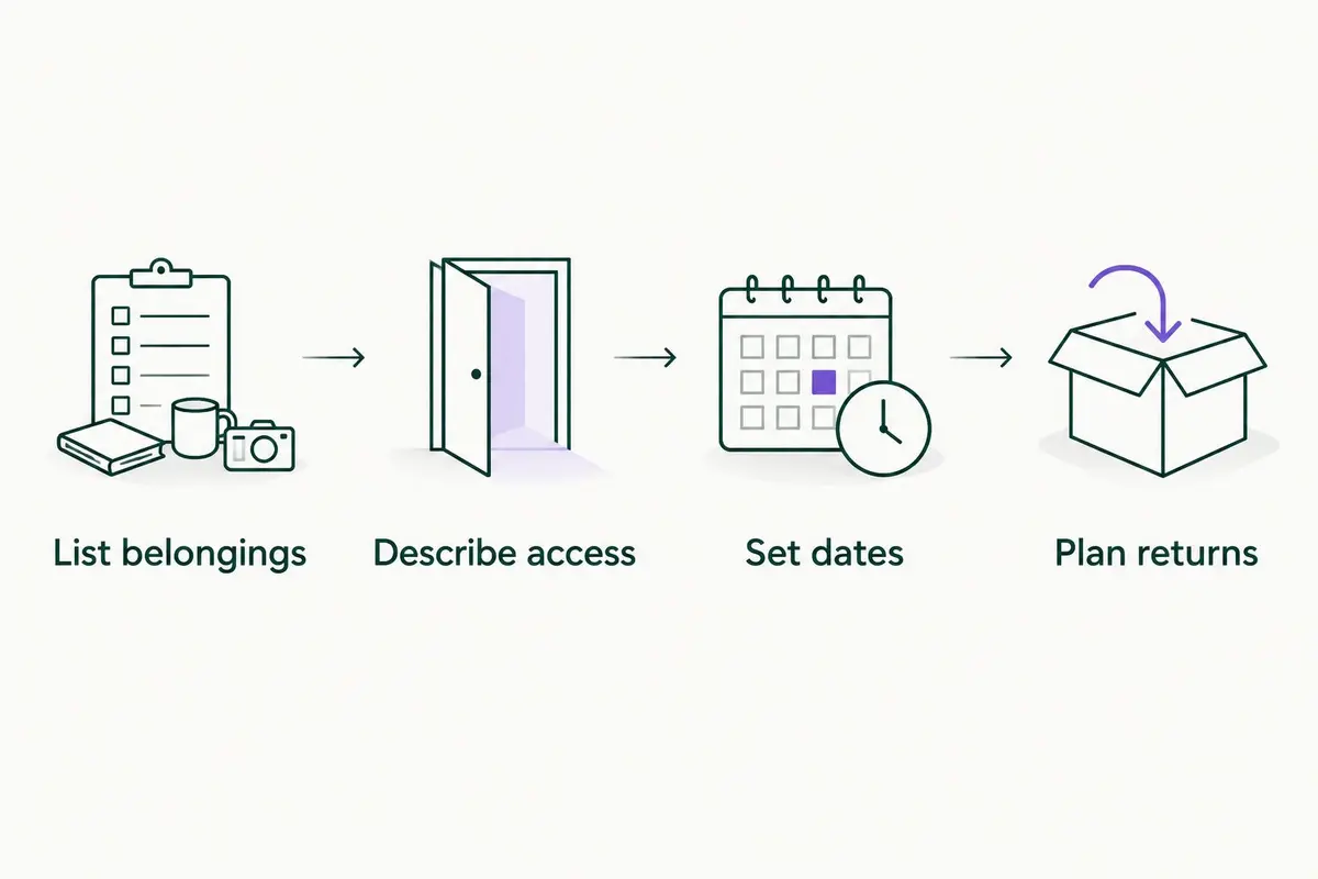 Four steps for preparing a storage quote, from listing belongings to planning returns.