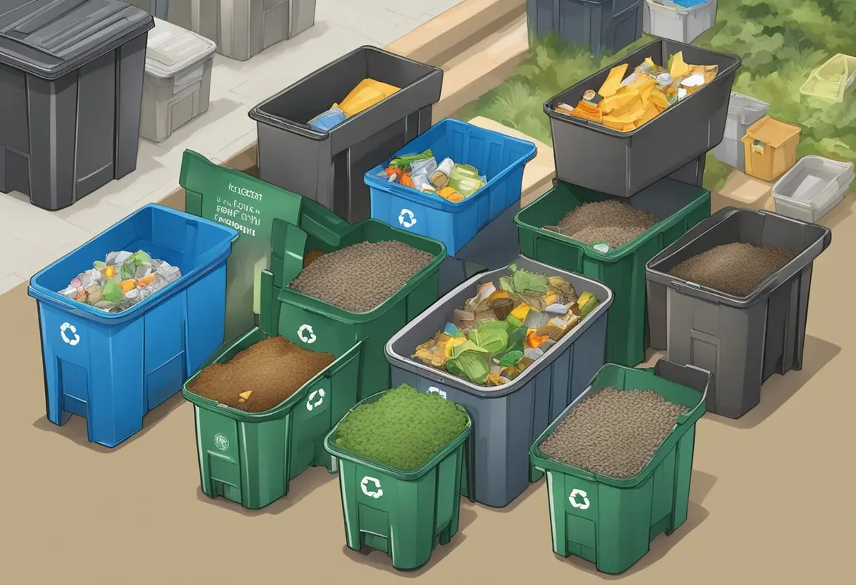 A variety of items being sorted into separate bins labeled for recycling, composting, and trash