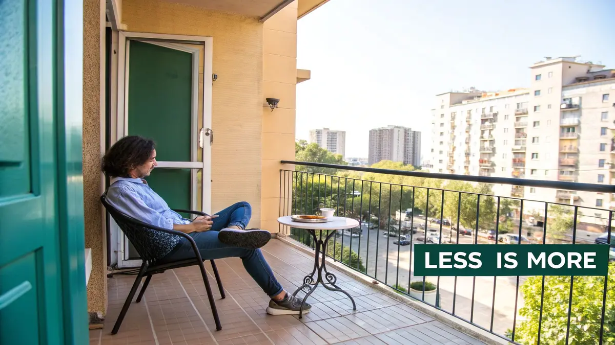 Man enjoying a peaceful moment on his apartment balcony with a city view.