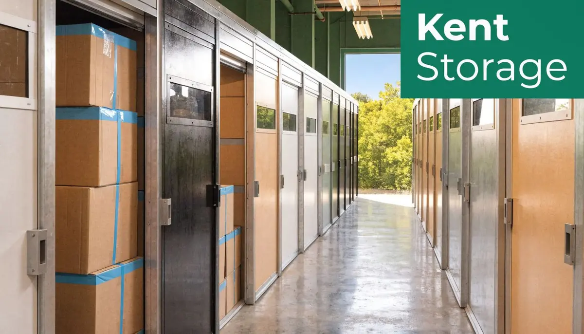 A long hallway lined with various storage units at a professional Kent storage facility.