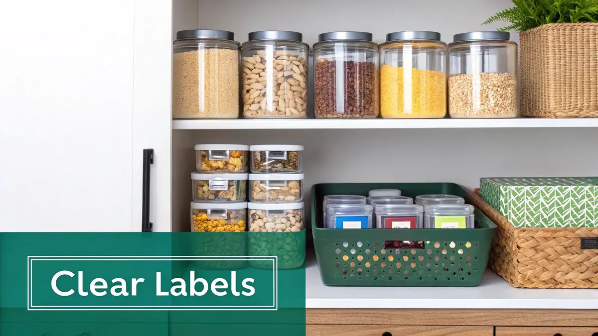 Organized pantry with labeled containers and baskets.