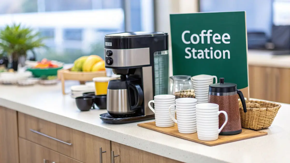 Woman organizing a designated coffee station zone in her kitchen.