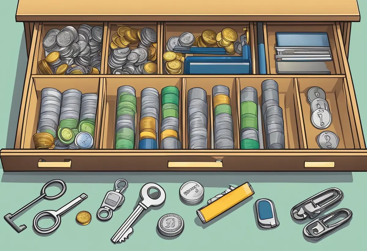 A tidy, labeled drawer holds neatly arranged small items like keys, coins, and office supplies