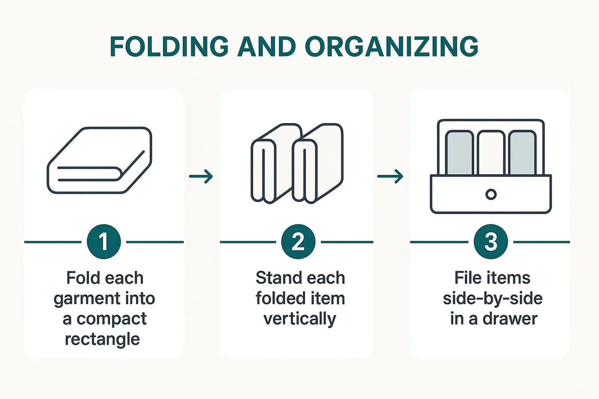 Infographic showing the three-step process of the KonMari folding method: fold into a rectangle, stand vertically, and file side-by-side.