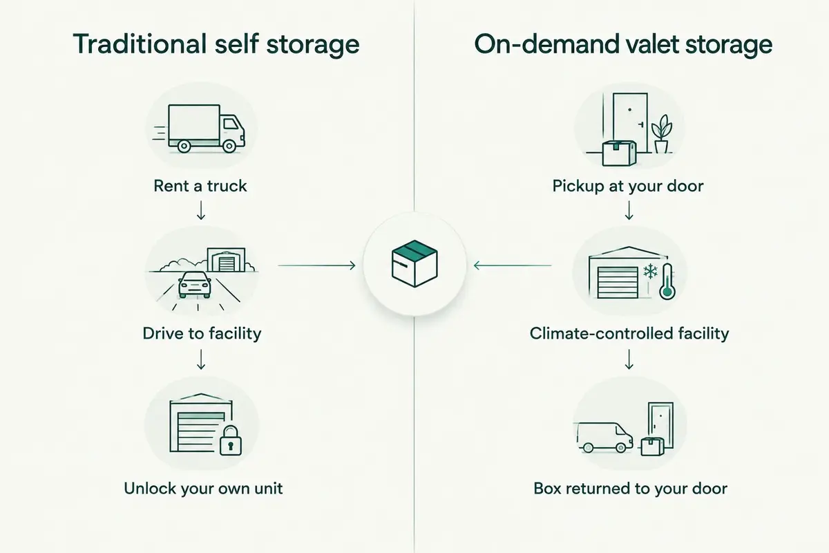 Two-column diagram comparing traditional self storage steps against on-demand valet storage steps