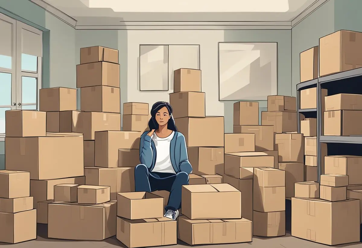 A person surrounded by various sizes of packing boxes, pondering and comparing options for moving house
