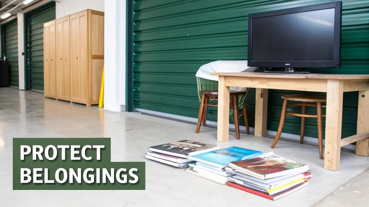 A neatly organized storage unit with furniture and boxes.