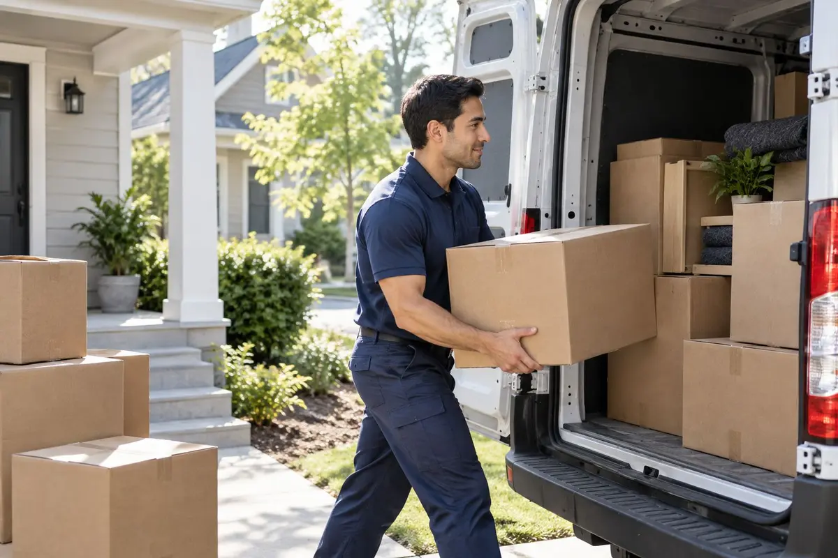 Worker picking up storage boxes from a home doorstep