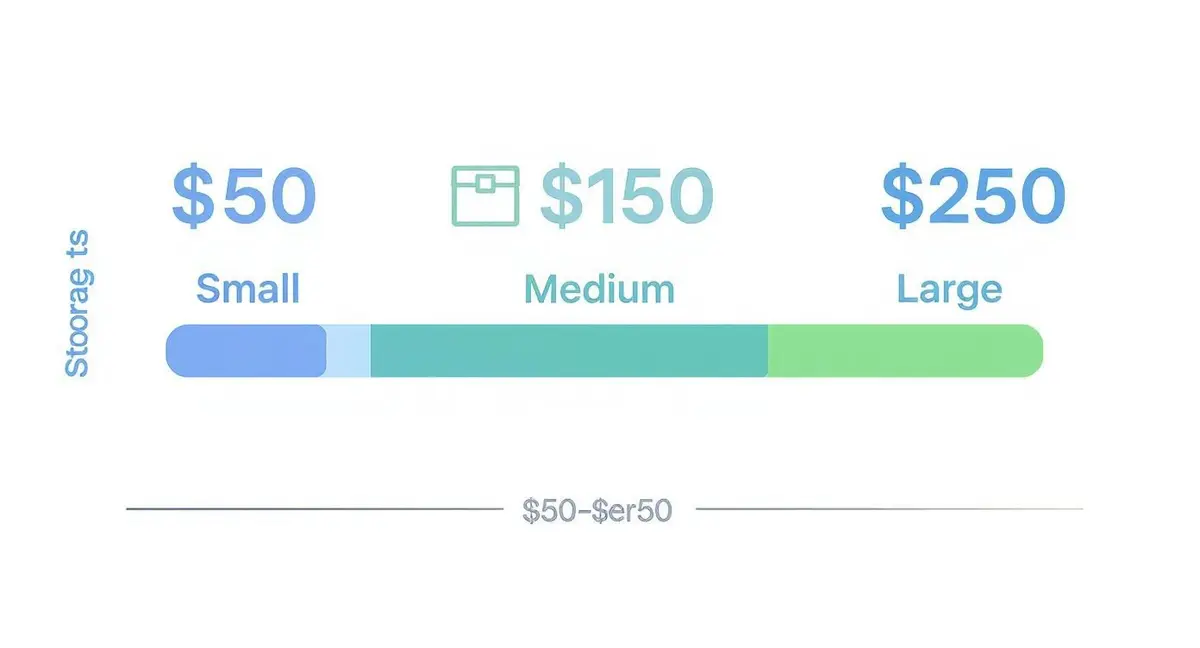 A storage unit pricing plan showing small, medium, and large options with costs.