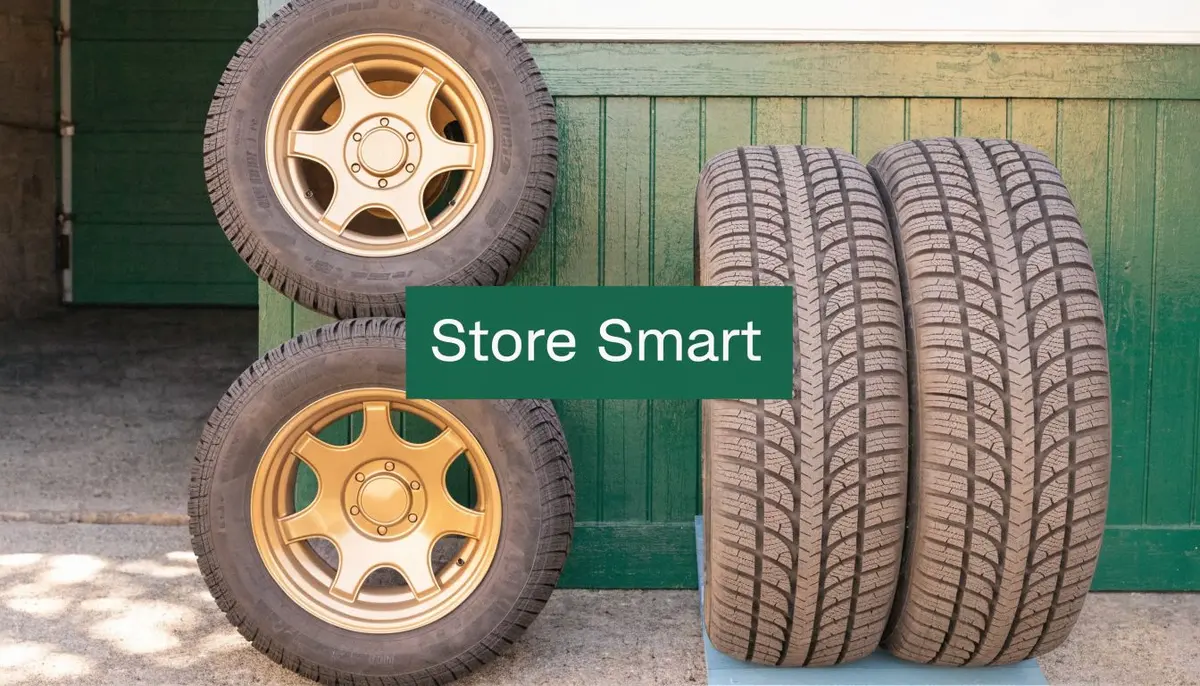 A set of four winter car tires with gold-colored alloy rims stacked against a green wall.