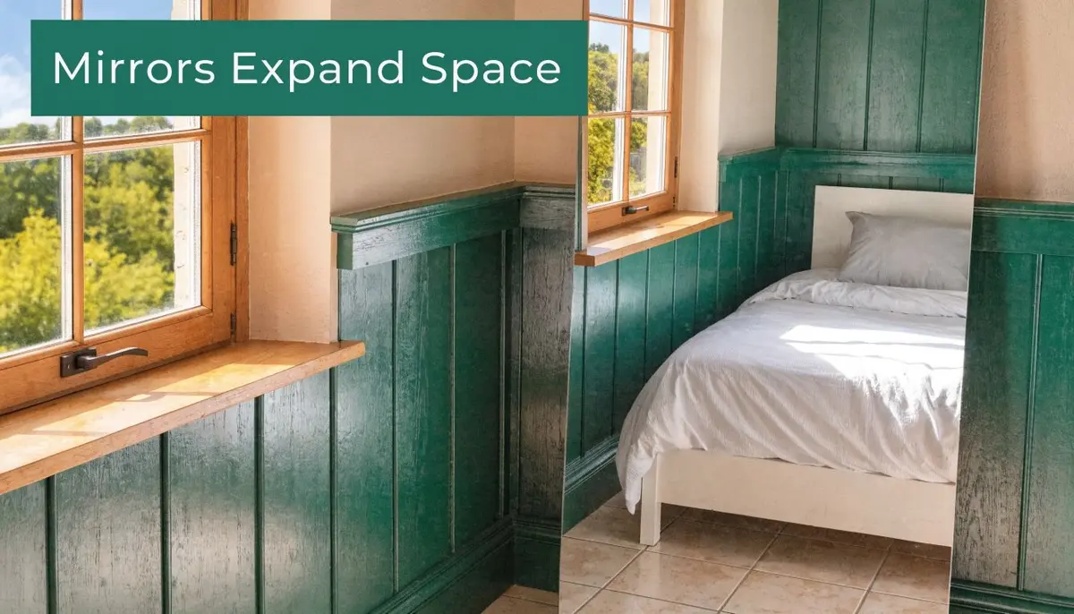 A cozy small bedroom featuring green wall paneling and a large mirror to visually expand the space.