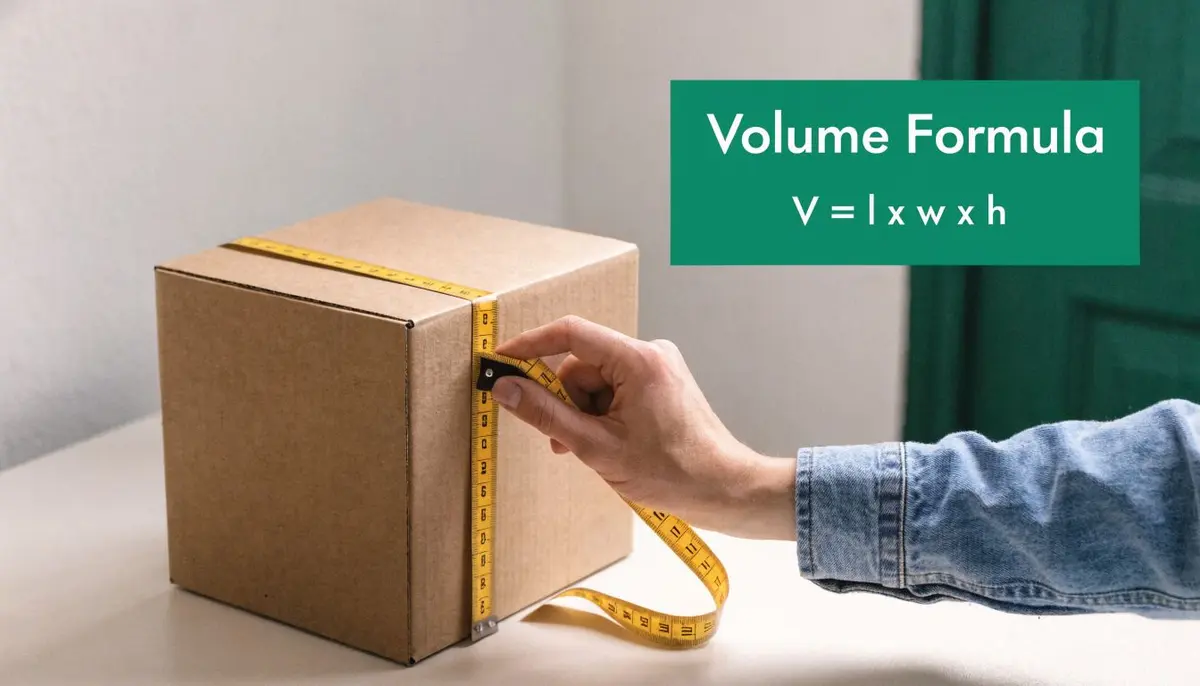 A person uses a yellow tape measure to measure the height of a brown cardboard box.