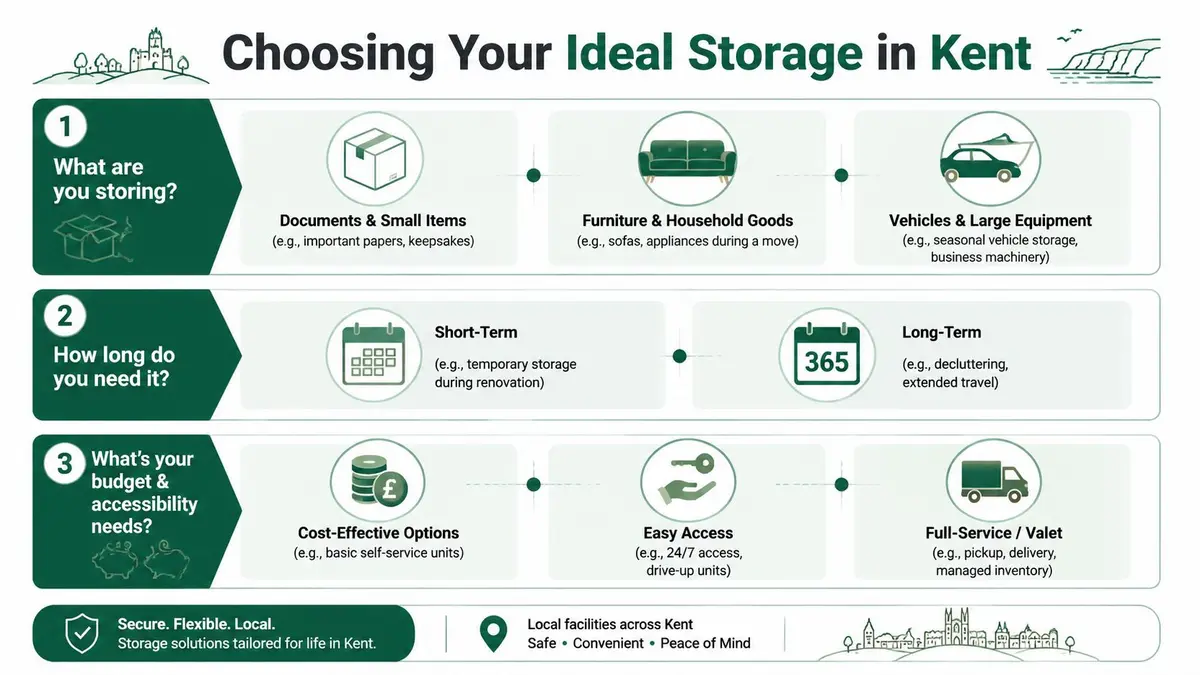An infographic titled Choosing Your Ideal Storage in Kent, outlining steps to choose storage units.