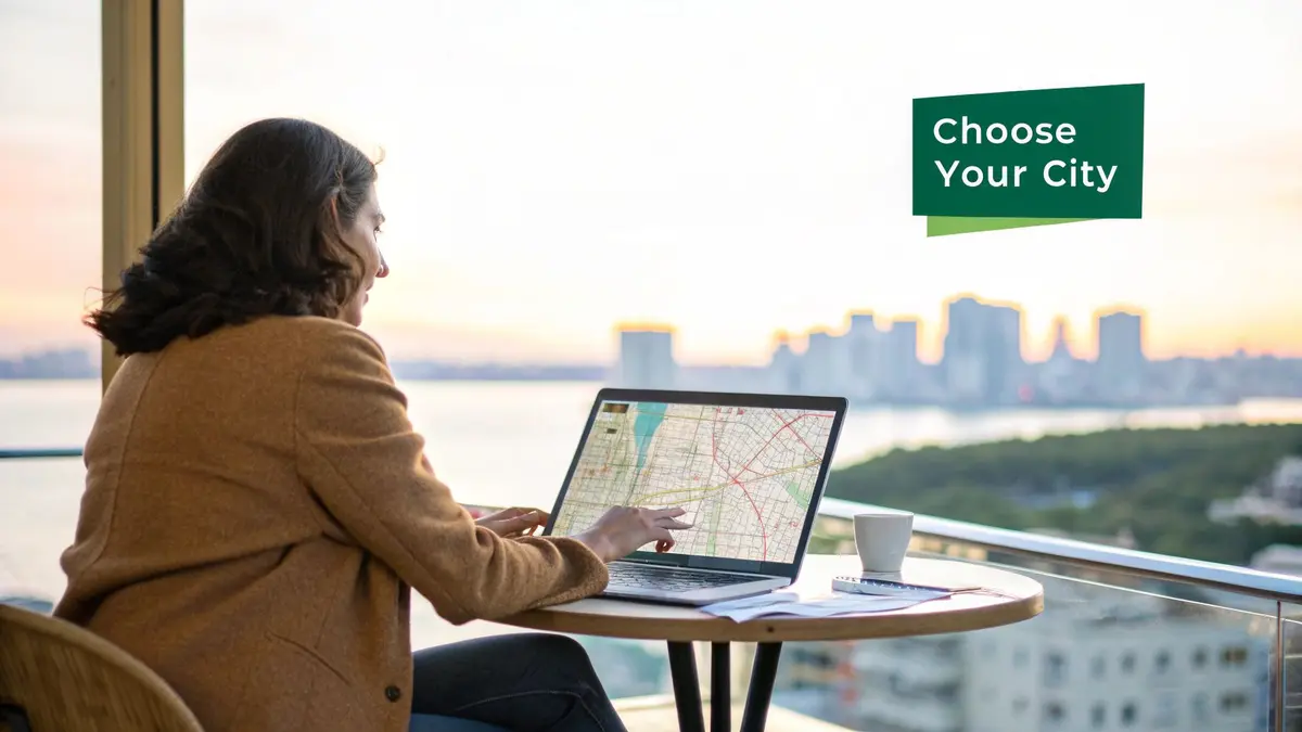 A woman on a balcony using a laptop with a map, overlooking a city skyline at sunset.