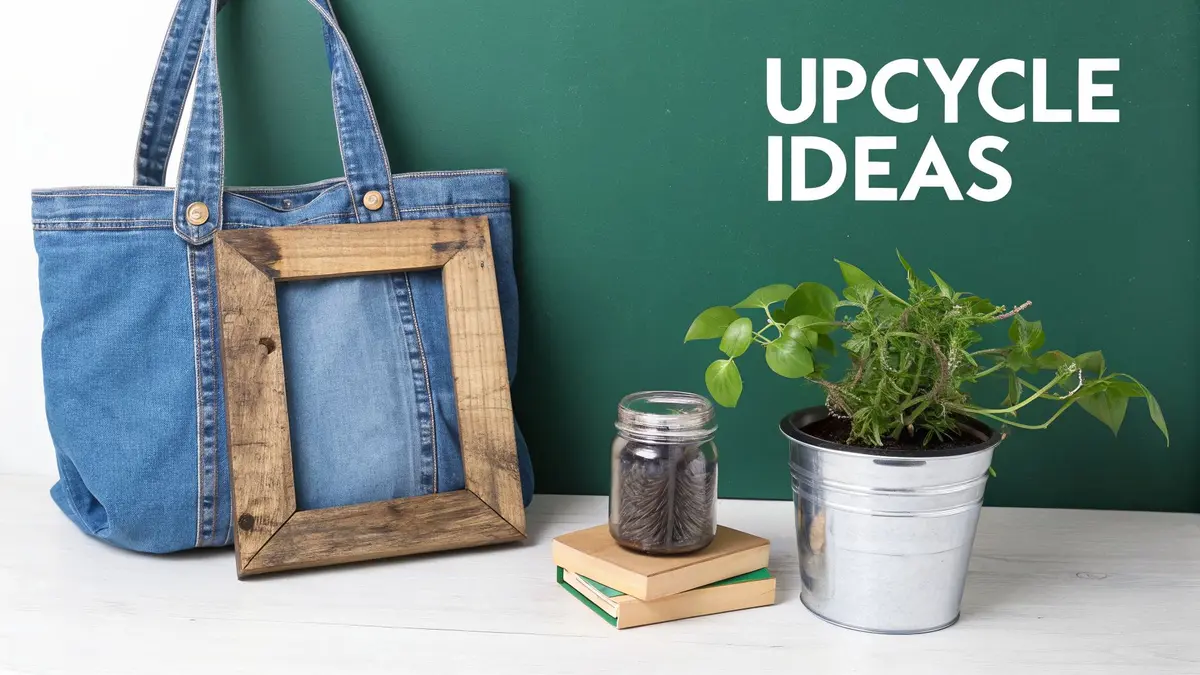 A denim tote bag, rustic wooden frame, potted plant, and jar with twine for upcycling ideas.