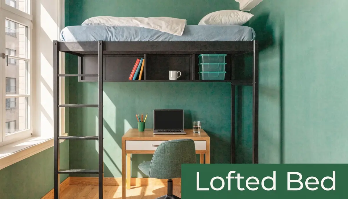 A modern lofted bed with a dedicated desk and chair underneath in a small green bedroom.