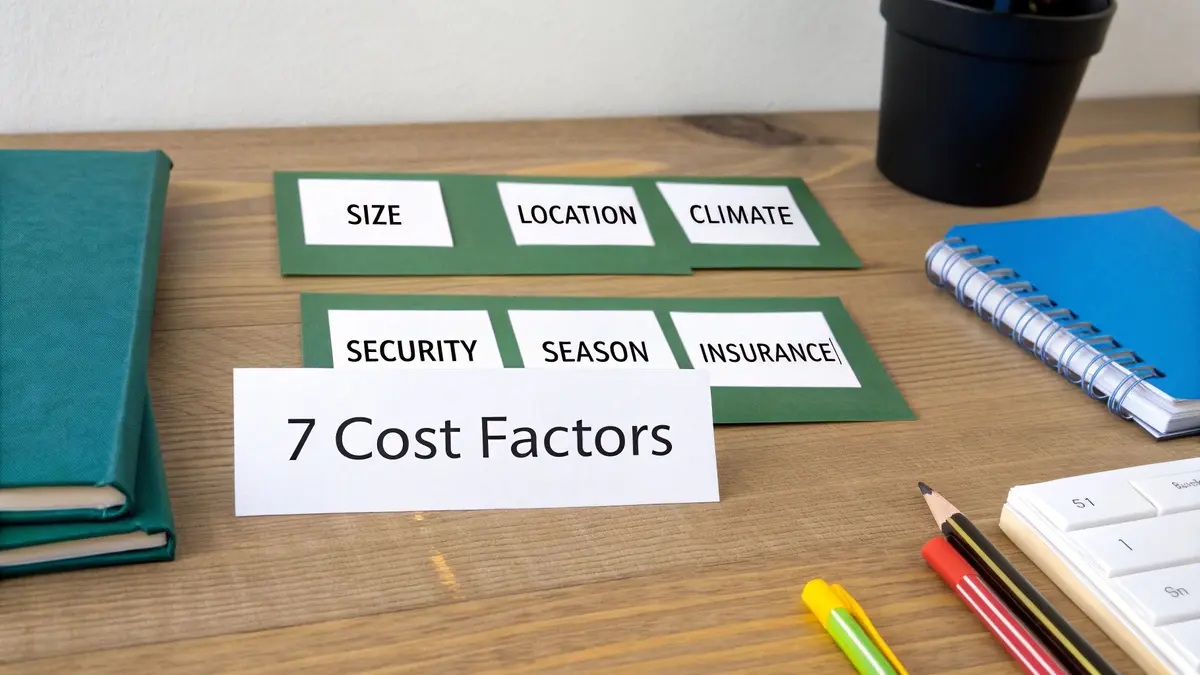A desk with cards listing '7 Cost Factors' including size, location, climate, security, season, and insurance.