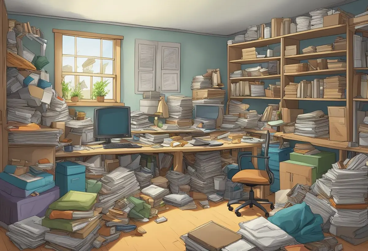 A cluttered room with piles of items stacked haphazardly, obstructing pathways and creating a potential hazard