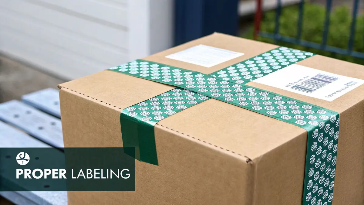 A shipping box being sealed with packing tape and a shipping label being applied.