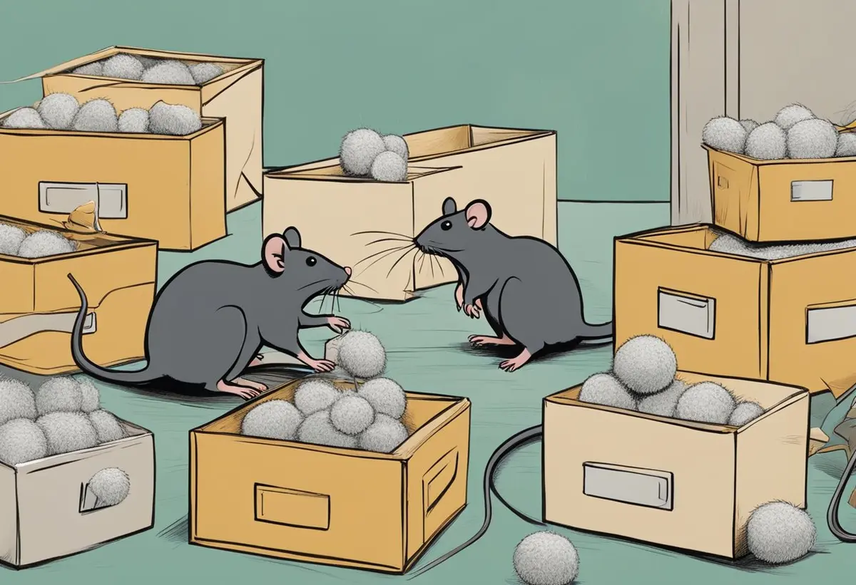 A group of mice sniff around storage boxes, while others scurry away. A barrier of peppermint oil and steel wool keeps them out