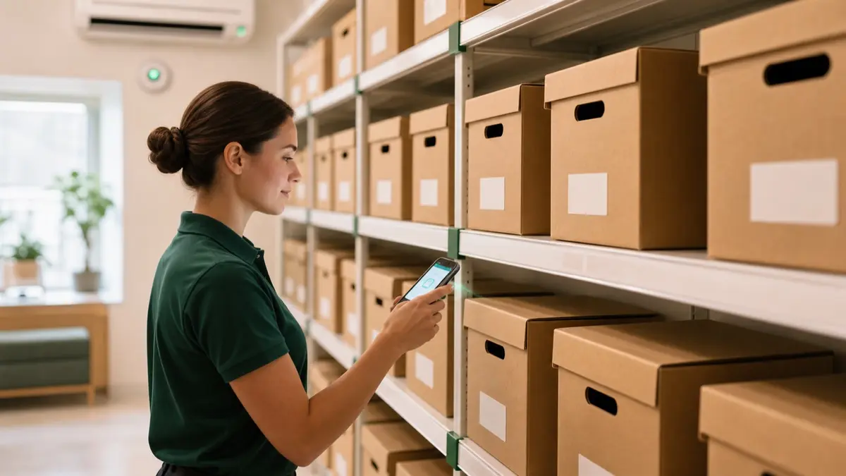 Storage boxes being scanned and organized in a climate-controlled facility