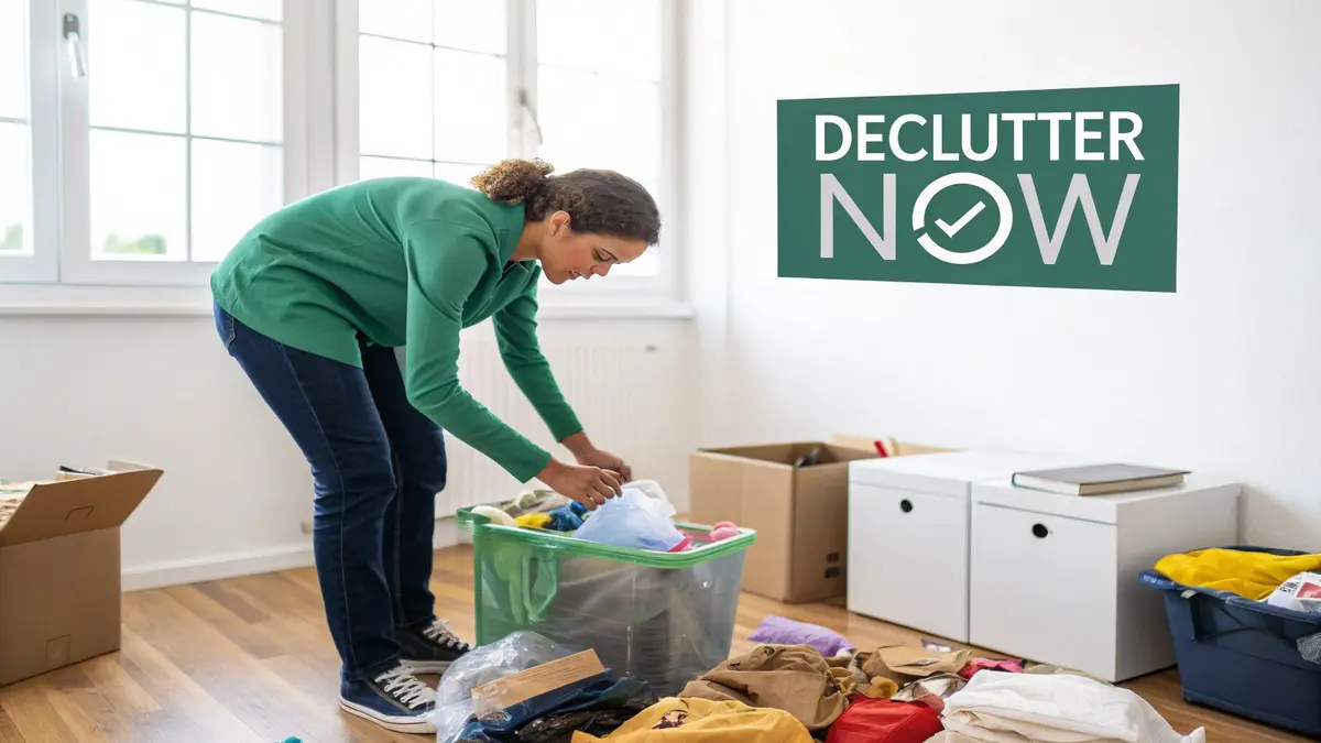 A neatly organized room with labeled boxes, representing a successful decluttering process before a move.