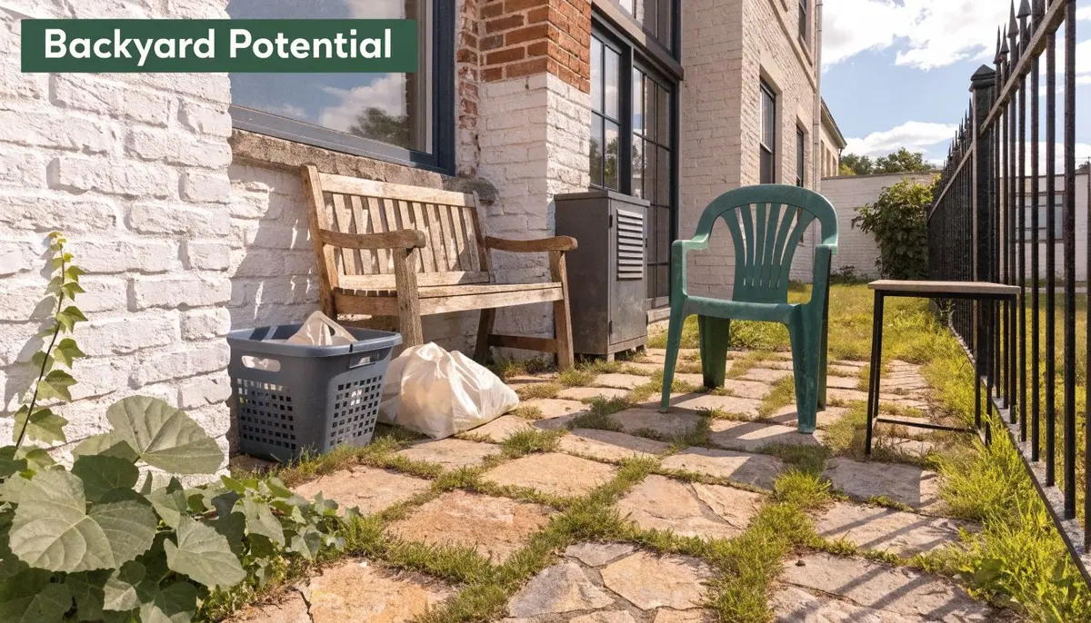 A rustic patio featuring a wooden bench, plastic chair, and laundry basket against a white brick wall.