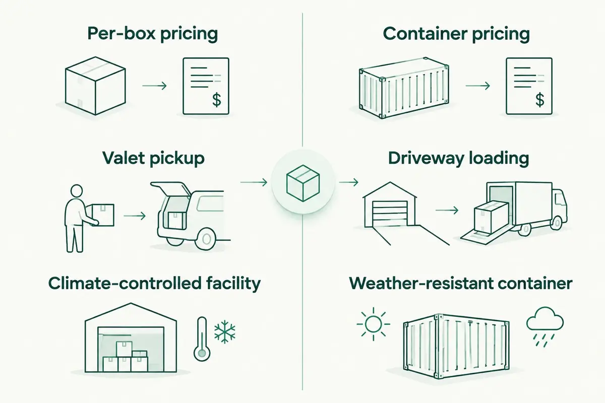 Two-column diagram comparing per-box valet storage against driveway container storage