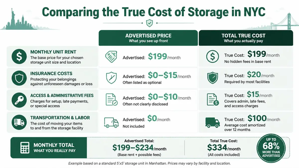 A comparison chart showing how actual storage costs in New York City are significantly higher than advertised.