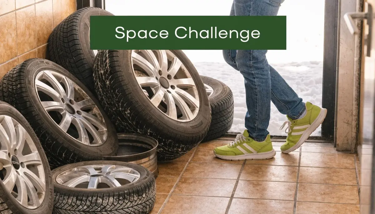A person standing in a room with a stack of winter tires stored on the floor.