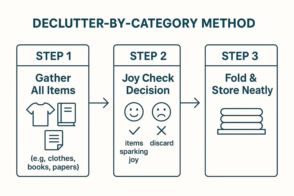 Infographic illustrating the three key steps of the declutter-by-category method: Gather, Joy Check, and Store.