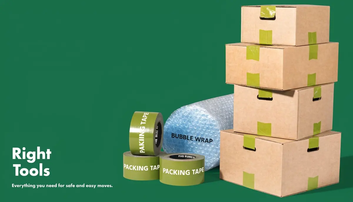 A stack of brown cardboard boxes alongside rolls of bubble wrap and green packing tape.