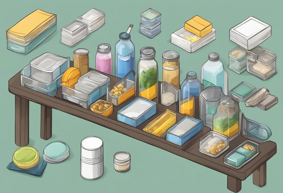 A table with various small items neatly organized into different categories using containers and labels