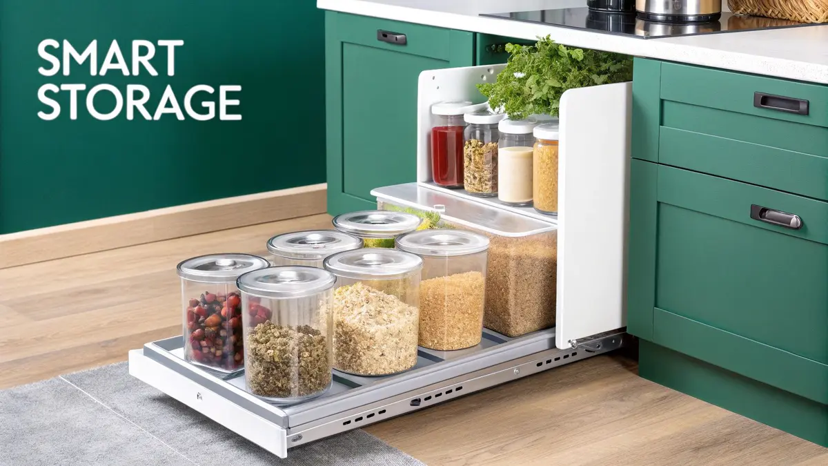Organized pantry with labeled containers and baskets.