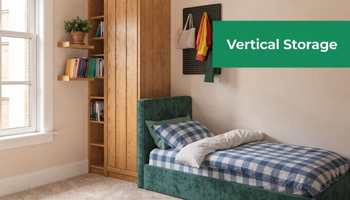 A cozy small bedroom with a green bed, vertical wooden bookshelf, and wall-mounted shelving unit.