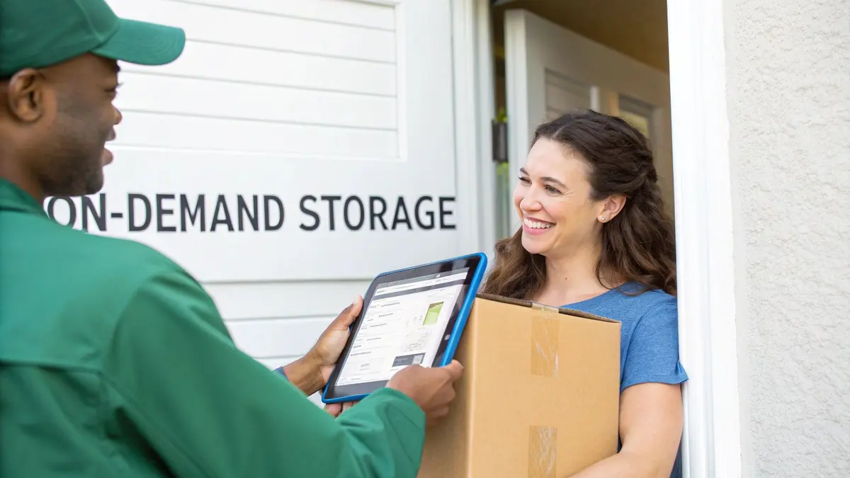 A delivery worker hands a tablet to a smiling woman holding a box with "ON-DEMAND STORAGE" on the door.