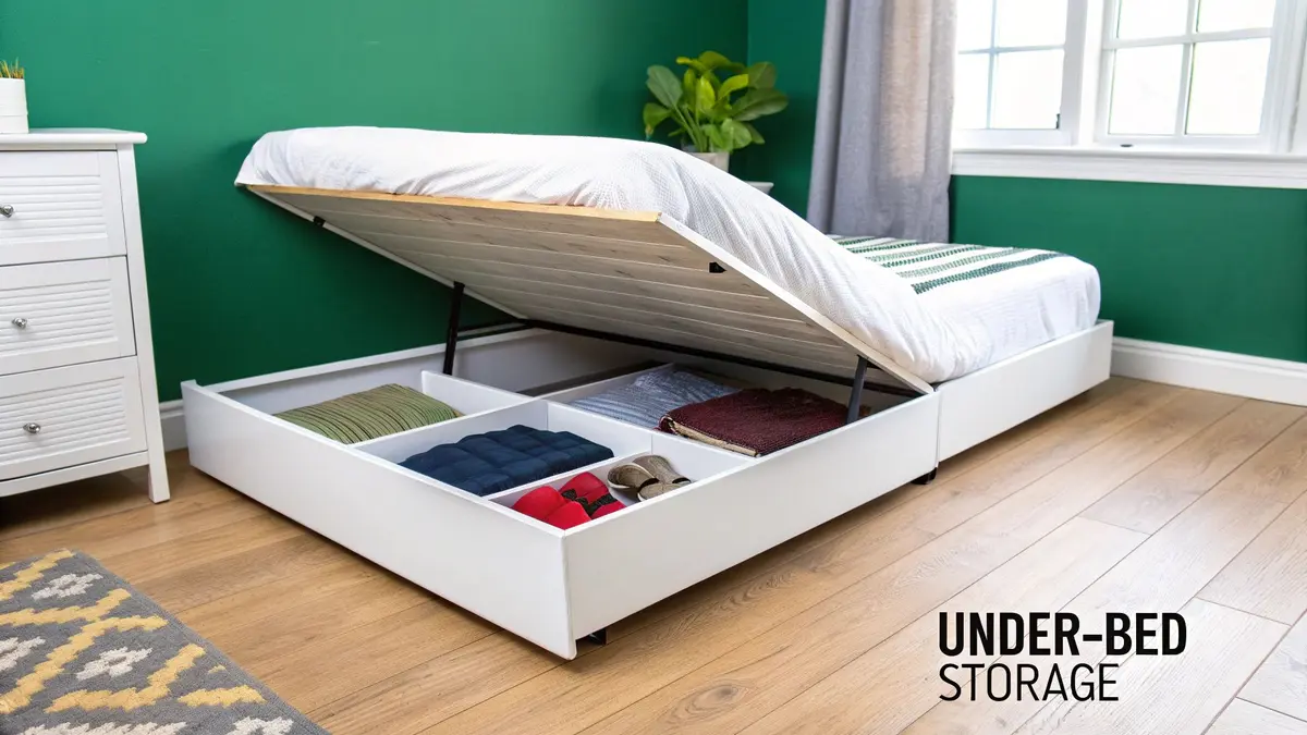 A white bed with its mattress lifted to reveal under-bed storage compartments filled with items.