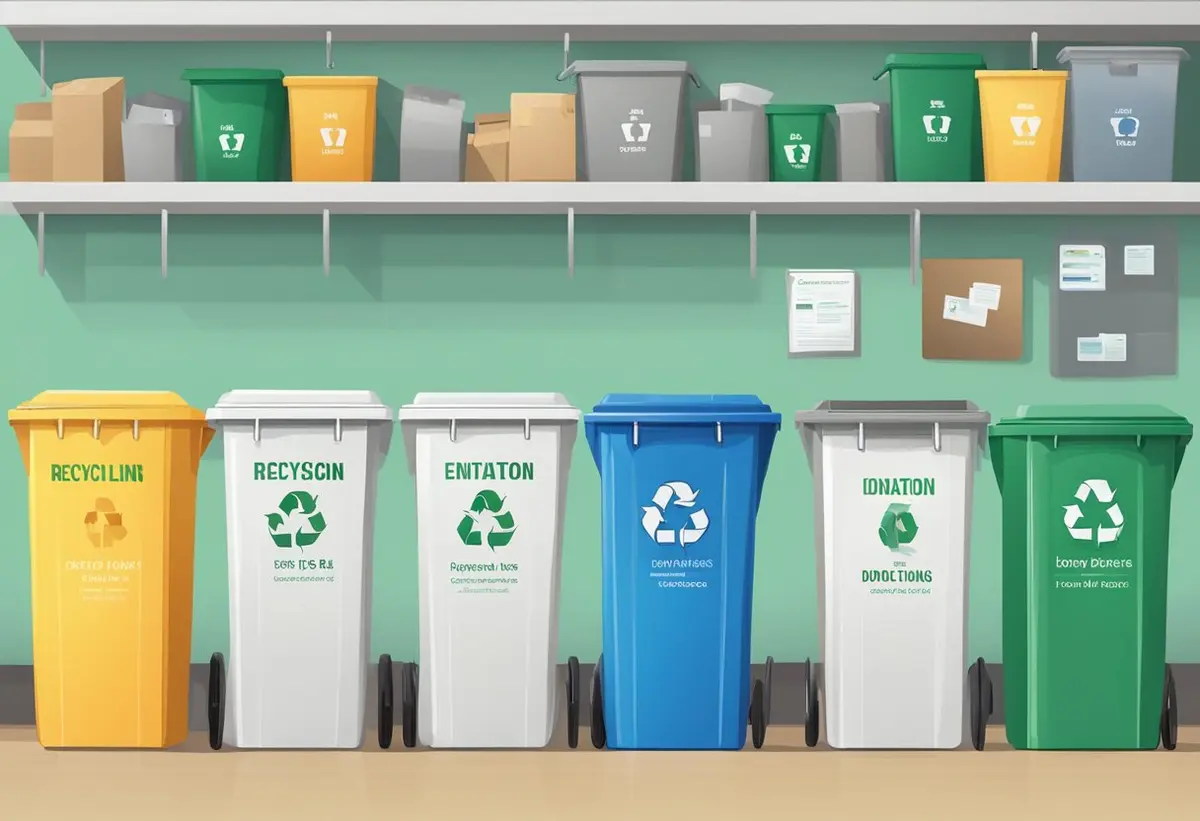 Various items sorted into labeled recycling bins, trash bags, and donation boxes in a clean and organized space