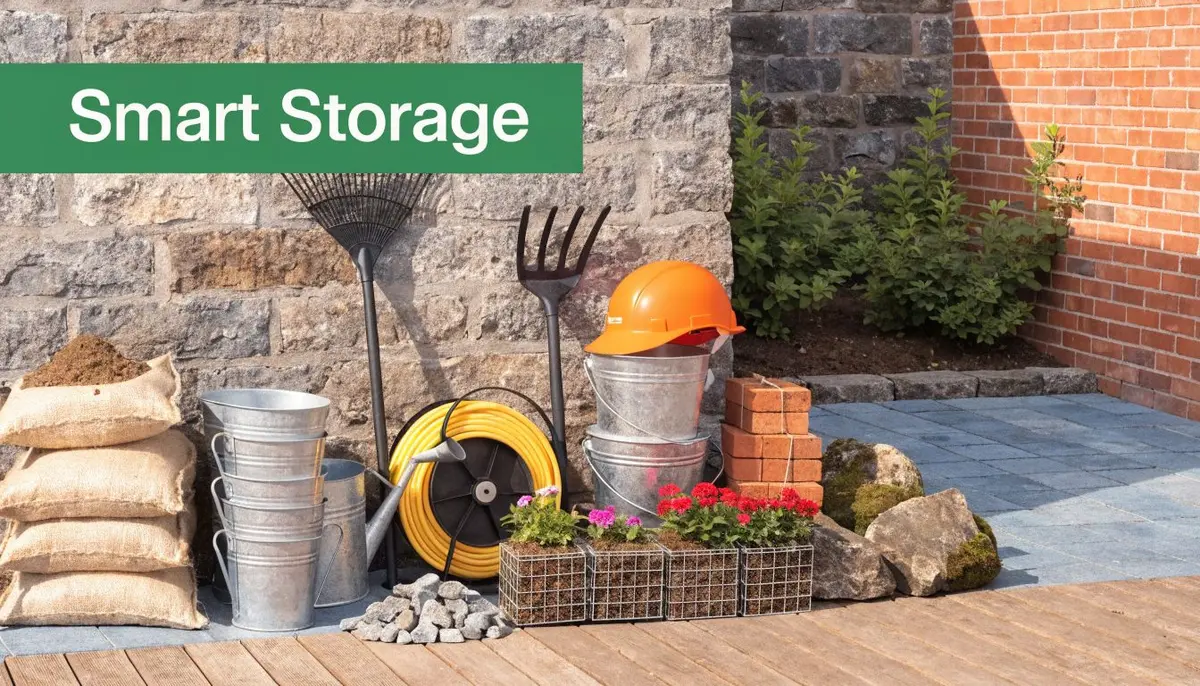 A collection of gardening tools, supplies, and potted flowers arranged neatly against a stone garden wall.