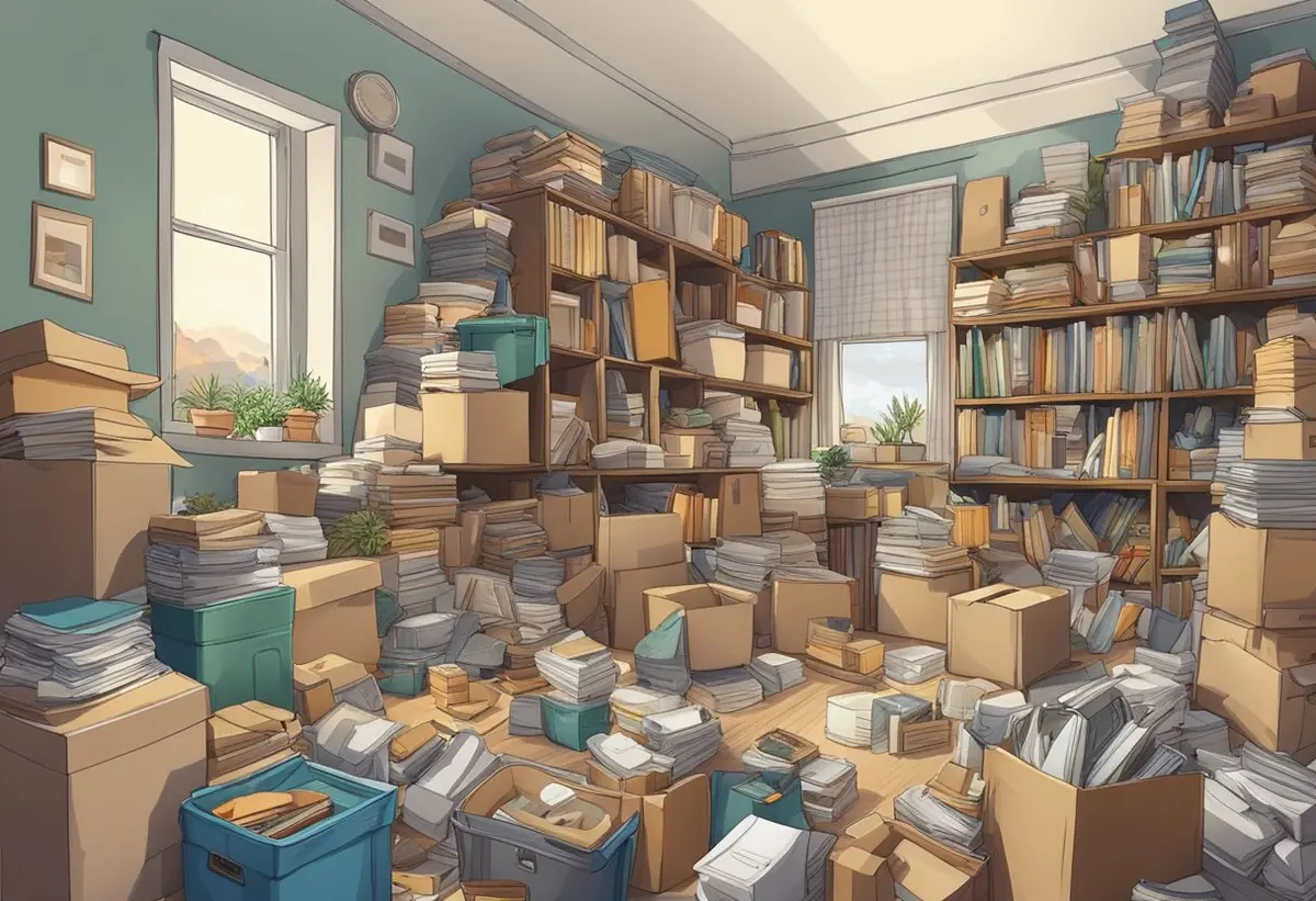 A cluttered room with overflowing boxes, piles of items, and crowded shelves, creating a chaotic and overwhelming environment