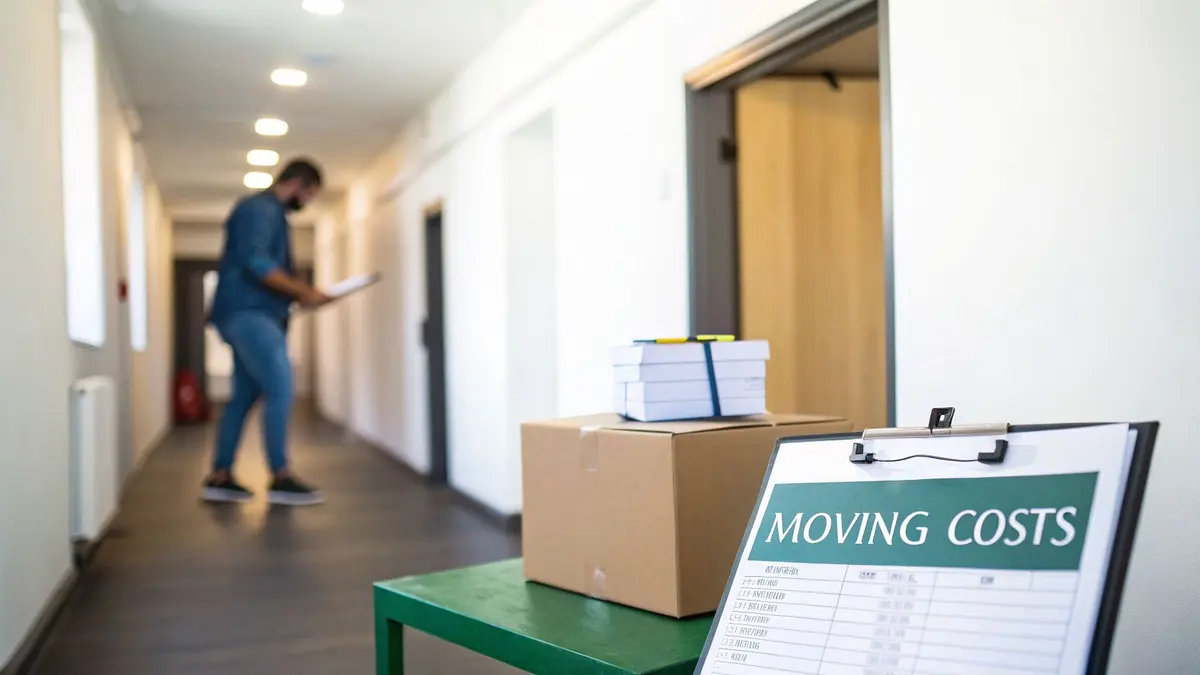 Man in a hallway with moving boxes and a clipboard showing 'MOVING COSTS' on a table.