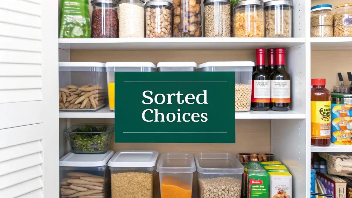 Organized pantry with labeled containers and baskets.