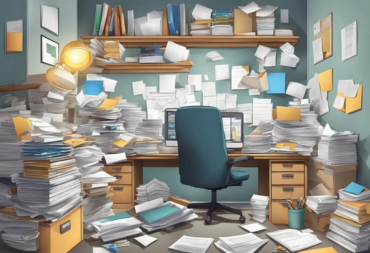 A cluttered office desk with scattered papers, overflowing drawers, and disorganized shelves